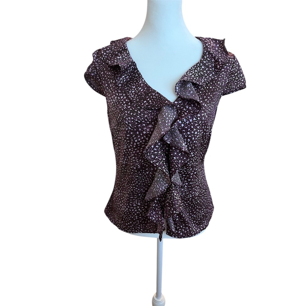Ann Taylor Petites Ruffle Blouse V-Neck Top Career Party Plum‎ 2P